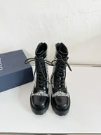DIOR D-UNIT ANKLE BOOT BLACK CALFSKIN WITH WHITE AND BLACK CANNAGE TWEED