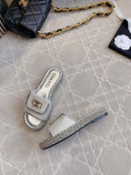 CHANEL PLATFORM SLIPPERS IN SILVER WOOL AND LAMBSKIN