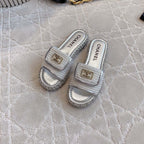 CHANEL PLATFORM SLIPPERS IN SILVER WOOL AND LAMBSKIN