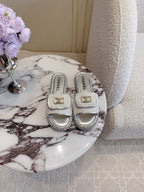CHANEL PLATFORM SLIPPERS IN SILVER WOOL AND LAMBSKIN