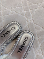 CHANEL PLATFORM SLIPPERS IN SILVER WOOL AND LAMBSKIN