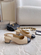 CHANEL SLINGBACKS IN BEIGE CREAM MIX BLACK SHEEPSKIN