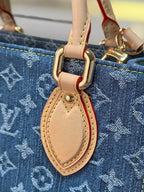 LOUIS VUITTON LV 25S ONTHEGO 28 IN BLUE MONOGRAM DENIM COTTON CALFSKIN LEATHER STRAP