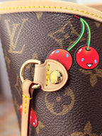 LOUIS VUITTON LV 25S NEVERFULL 31 IN DARK BROWN MONOGRAM CHERRY LEATHER TRIM GOLD HARDWARE