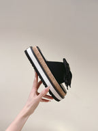 CHANEL SLIPPERS WITH SILK BOW IN BLACK COWHIDE