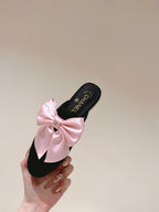 CHANEL MULE WITH SILK LIGHT PINK BOW AND BLACK LAMBSKIN