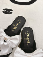 CHANEL MULE WITH SILK WHITE BOW AND BLACK LAMBSKIN
