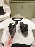 CHANEL JEWELED MULE WITH SILK BOW AND BLACK LAMBSKIN