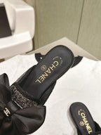 CHANEL JEWELED MULE WITH SILK BOW AND BLACK LAMBSKIN
