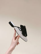 CHANEL JEWELED MULE WITH SILK BLACK BOW IN WHITE LAMBSKIN