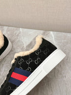GUCCI ACE SNEAKER WITH WEB IN BLACK EMBOSSED SUEDE AND WOOL LINING