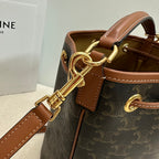 CELINE CLARA BAG 24 IN BLACK TRIOMPHE CANVAS AND BROWN CALFSKIN TRIM