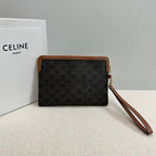 CELINE SMALL POUCH 25 IN BLACK TRIOMPHE CANVAS AND BROWN CALFSKIN WITH  PRINT