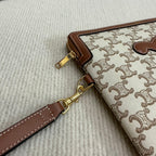 CELINE SMALL POUCH 25 IN BEIGE TRIOMPHE TEXTILE AND BROWN CALFSKIN