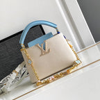 LOUIS VUITTON CAPUCINES MINI 21 IN PEARL WHITE MIX SKY BLUE TAURILLON GOLD HARDWARE
