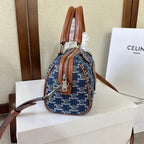 CELINE SMALL BOSTON 19 IN SPACE BLUE TRIOMPHE DENIM AND BROWN CALFSKIN TRIM