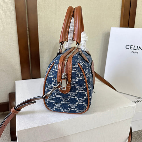 CELINE SMALL BOSTON 19 IN SPACE BLUE TRIOMPHE DENIM AND BROWN CALFSKIN TRIM