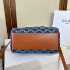 CELINE SMALL BOSTON 19 IN SPACE BLUE TRIOMPHE DENIM AND BROWN CALFSKIN TRIM