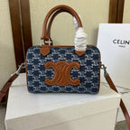 CELINE SMALL BOSTON 19 IN SPACE BLUE TRIOMPHE DENIM AND BROWN CALFSKIN TRIM