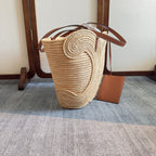 CELINE CLASSIC PANIER MEDIUM BRAIDED TRIOMPHE 47 IN BEIGE RAFFIA AND CALFSKIN