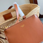 CELINE CLASSIC PANIER MEDIUM BRAIDED TRIOMPHE 47 IN BEIGE RAFFIA AND CALFSKIN