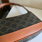 CELINE 25S SHOULDER BAG 21MM IN BLACK TRIOMPHE CANVAS AND BORWN CALFSKIN