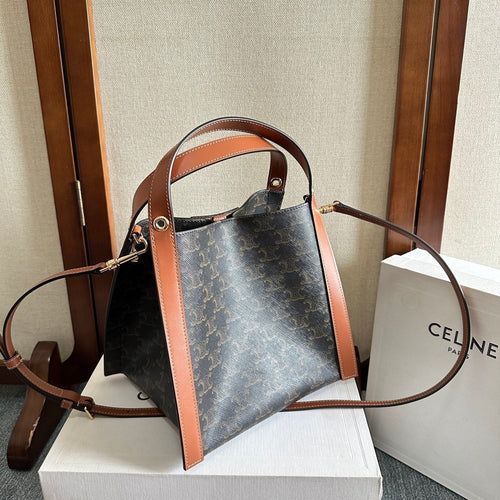 CELINE 25S CUBE BAG 18MM IN BLACK TRIOMPHE CANVAS AND DARK BORWN CALFSKIN