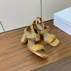 DIOR THREE-STRAP HIGH-HEELED EMBROIDERED SANDALS CAMEL BROWN