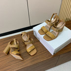 DIOR THREE-STRAP HIGH-HEELED EMBROIDERED SANDALS CAMEL BROWN