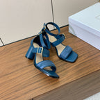 DIOR THREE-STRAP HIGH-HEELED EMBROIDERED SANDALS NAVY BLUE