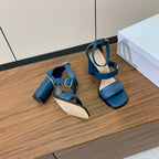DIOR THREE-STRAP HIGH-HEELED EMBROIDERED SANDALS NAVY BLUE