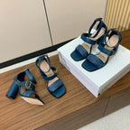 DIOR THREE-STRAP HIGH-HEELED EMBROIDERED SANDALS NAVY BLUE