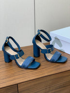 DIOR THREE-STRAP HIGH-HEELED EMBROIDERED SANDALS NAVY BLUE