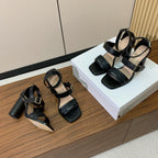 DIOR THREE-STRAP HIGH-HEELED EMBROIDERED SANDALS BLACK