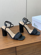 DIOR HIGH HEEL EMBROIDERED SANDAL IN BLACK CALFSKIN AND WOVEN STRAPS
