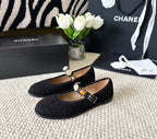 CHANEL MARY JANES BLACK WOOL TWEED AND FABRIC