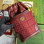 GUCCI BUCKET BAG 18 IN BURGUNDY RED CANVAS AND CALFSKIN GOLD HARDWARE