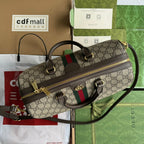 GUCCI OPHIDIA LARGE BOSTON BAG 31 IN BEIGE EBONY  BROWN CALFSKIN TRIM