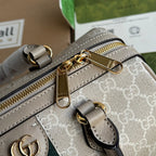 GUCCI OPHIDIA SMALL TOP HANDLE BAG 26 IN BEIGE WHITE CANVAS AND OAT CALFSKIN TRIM GOLD HARDWARE