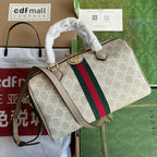 GUCCI OPHIDIA SMALL TOP HANDLE BAG 26 IN BEIGE WHITE CANVAS AND OAT CALFSKIN TRIM GOLD HARDWARE