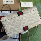 GUCCI OPHIDIA SMALL TOP HANDLE BAG 26 IN BEIGE WHITE CANVAS AND OAT CALFSKIN TRIM GOLD HARDWARE