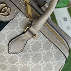 GUCCI OPHIDIA MEDIUM TOP HANDLE BAG 31 IN BEIGE WHITE CANVAS AND OAT CALFSKIN TRIM GOLD HARDWARE