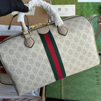 GUCCI OPHIDIA MEDIUM TOP HANDLE BAG 31 IN BEIGE WHITE CANVAS AND OAT CALFSKIN TRIM GOLD HARDWARE