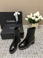 CHANEL ROUND-TOE SHORT BOOTS BLACK SHEEPSKIN