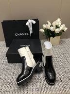 CHANEL ROUND-TOE SHORT BOOTS BLACK MIX WHITE SHEEPSKIN