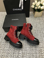 CHANEL SHORT BOOTS GARNET RED MIX BLACK SUEDE LAMBSKIN