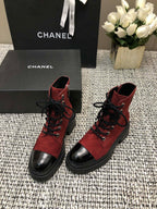 CHANEL SHORT BOOTS GARNET RED MIX BLACK SUEDE LAMBSKIN