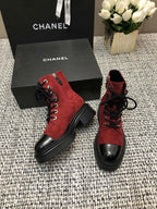 CHANEL SHORT BOOTS GARNET RED MIX BLACK SUEDE LAMBSKIN