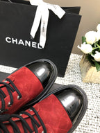 CHANEL SHORT BOOTS GARNET RED MIX BLACK SUEDE LAMBSKIN