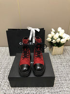 CHANEL SHORT BOOTS GARNET RED MIX BLACK SUEDE LAMBSKIN